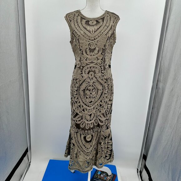 J.S Collections Tan Short sleeves soutache embroider Mesh midi dress size 10 - Picture 1 of 16